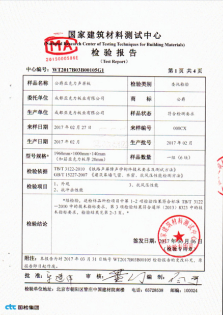 Κίνα Chengdu Cast Acrylic Panel Industry Co., Ltd Πιστοποιήσεις